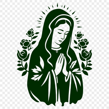 Ornate illustration of the Virgin Mary in a floral surrounded setting.