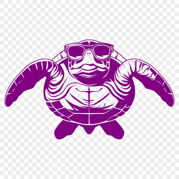 A sea turtle wearing sunglasses basking in the sun on a sandy beach.