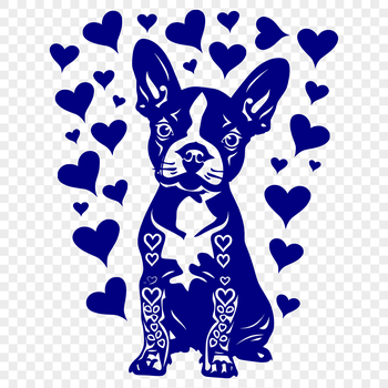 Boston Terrier dog sitting on its haunches with heart decorations around its body.