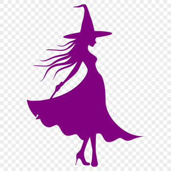 A silhouette illustration of a full-body witch figure in a gothic style, representing magic and mysticism.
