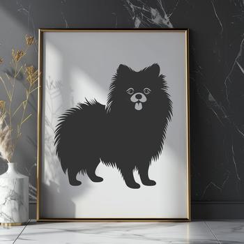 A full-body illustration of a small-sized dog breed, specifically a Pomeranian, depicted in a standing position.