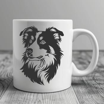 A high-quality illustration of the head of an Australian Shepherd dog breed.