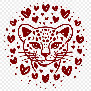 Close-up illustration of a big cat's head with love hearts surrounding it.