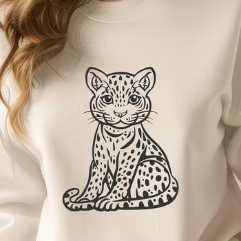 A sitting big cat with distinctive markings, commonly found in the wild.