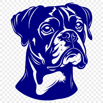 A close-up illustration of a Boxer dog's head with distinctive facial features.