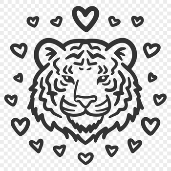 A majestic tiger's head with love hearts surrounding its features.