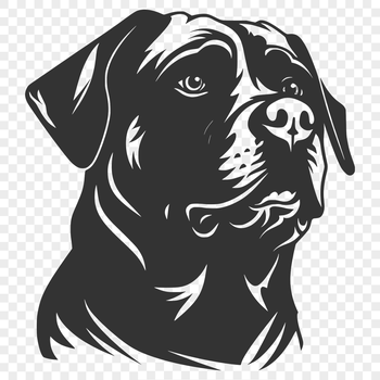 A close-up illustration of a Rottweiler's head with distinct facial features.