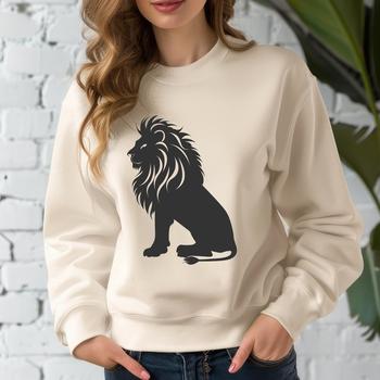 A detailed illustration of a lion in its natural sitting posture, featuring realistic fur texture and sharp features.
