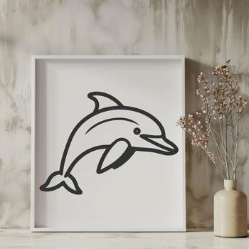 A simple line drawing of a dolphin, showcasing its full body in a stylized format.