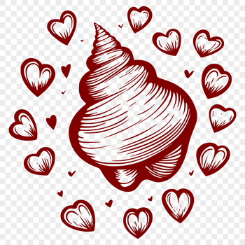 A stylized illustration of a seashell adorned with heart shapes, perfect for seaside-themed designs.