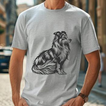 An SVG vector art depiction of a seated Shetland sheepdog in profile.