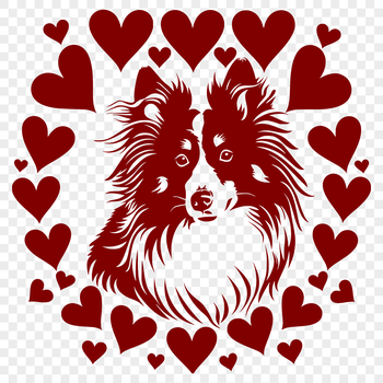 A vector graphic illustration of a Shetland sheepdog's head with stylized heart details.