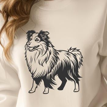 Close-up illustration of a standing Shetland sheepdog from the side, with intricate details visible.