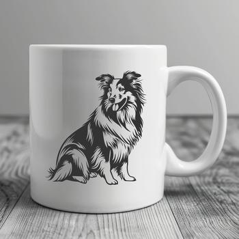 A vector graphic representation of a Shetland sheepdog sitting in a naturalistic pose.