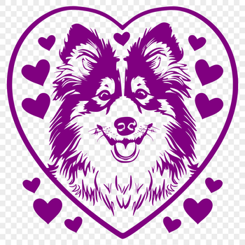 A detailed illustration of a Shetland Sheepdog's head featuring love hearts.