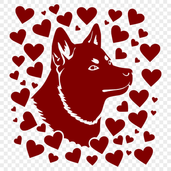 A stylized illustration of a Shiba Inu dog's head with love hearts surrounding it.