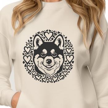 A vector illustration of a Shiba Inu dog with hearts in its fur.