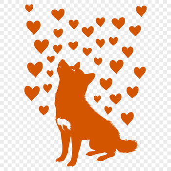 A full-body illustration of a Shiba Inu sitting, surrounded by love hearts.