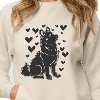 Vector design of a Shiba Inu dog sitting comfortably, adorned with love hearts in a simple and playful style.