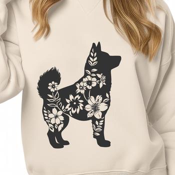 A standing Shiba Inu dog in front of floral elements.