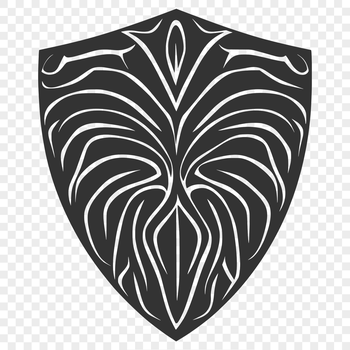 A geometric shield with raised armor plating and metallic finish, designed as a vector graphic.