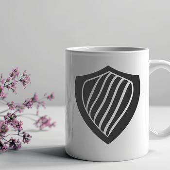 A simple graphic representation of a traditional shield with geometric patterns.