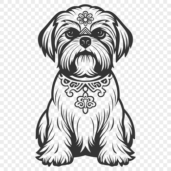 Close-up illustration of a seated ornate dog breed, a Shih Tzu.
