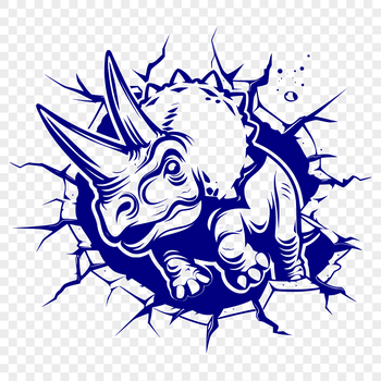 A prehistoric dinosaur depicted in full body, smashing through a wall.