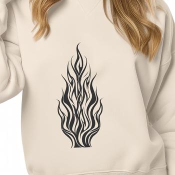 A stylized illustration of a pair of flames in bold lines.