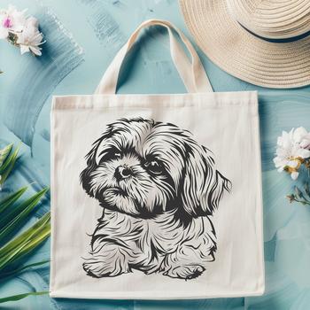 A small breed dog, specifically a Shih Tzu, in full body pose sitting.