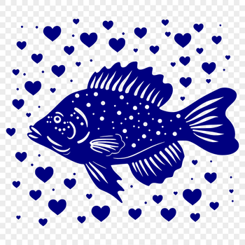 A detailed illustration of a full-body fish with love hearts incorporated into its design.