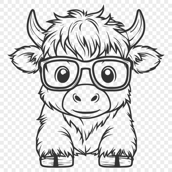 A standing Highland cow with distinctive horns and coat pattern, wearing a pair of glasses.