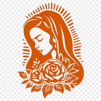Ornate illustration of the Virgin Mary with floral motifs.