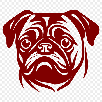 Close-up illustration of a pug's head, featuring a cute and playful dog face.