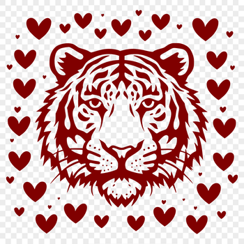 Close-up of a tiger's head with heart symbols etched into its fur.