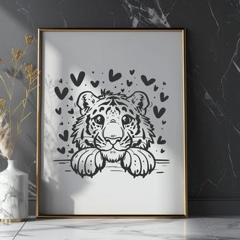 A tiger's head peeking out from behind hearts.