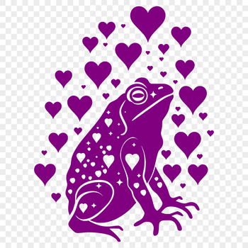 Close-up illustration of a toad's full body, surrounded by heart symbols.