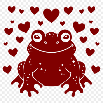 Close-up illustration of a full-body toad with love hearts surrounded by simple design elements.