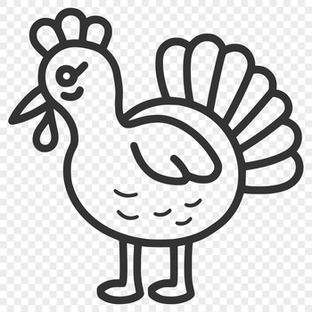 A simple line drawing of a full-body turkey with detailed features.