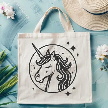 A digital illustration of a mythical unicorn's head, featuring a fantasy design suitable for vector art.