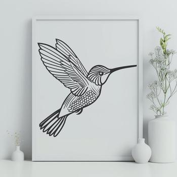 A colorful hummingbird in mid-flight, its wings spread wide as it flutters through the air.