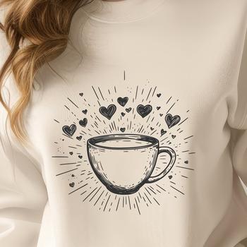A simple illustration of a cup with love hearts surrounding the rim, suitable for various uses.