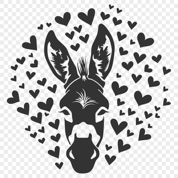 A simple illustration of a donkey's head with two love hearts above its ears.