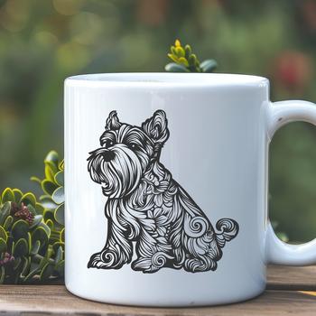 A miniature dog breed, the Schnauzer, depicted in full-body form with ornate details.