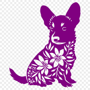 A full-body illustration of a seated Welsh Corgi surrounded by floral patterns.