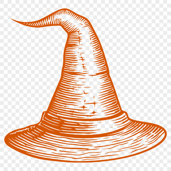A witch's silhouette in a pointed hat stands against a spooky background with orange pumpkins and cobwebs.