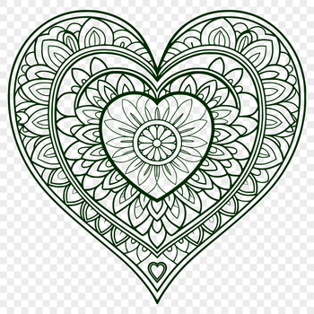 A intricately designed heart-shaped mandala with floral patterns, suitable for vector graphics.