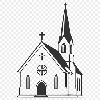 A simple illustration of a traditional Protestant church building with a steeply pitched roof and pointed arches.