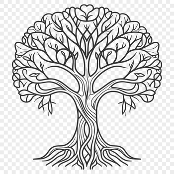 A stylized illustration of a tree with detailed branches and roots.