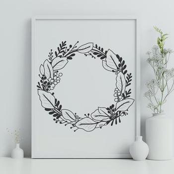 A floral wreath design composed of interconnected flowers and leaves in a circular pattern.